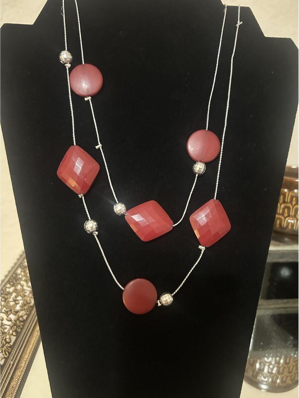 Geometric Beaded Necklace Long Silver Tone Statement Jewelry Y2K